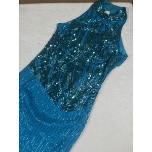 Formal Prom Dress Juniors 9‎ Blue Beaded Sequin Halter Bodycon Maxi Evening Gown